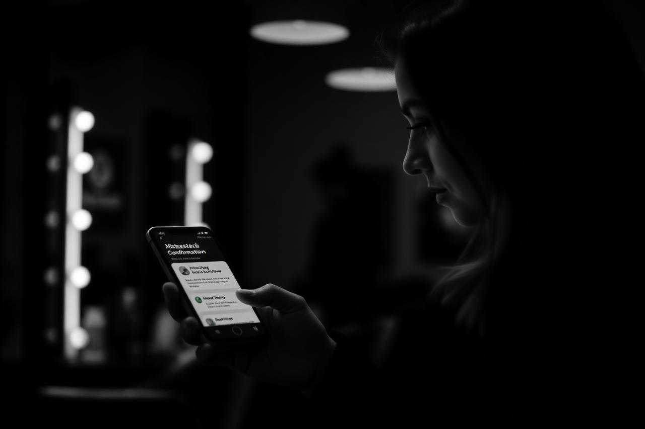 Titolare di un salone di parrucchiere legge sullo smartphone la conferma di prenotazione inviata automaticamente su WhatsApp dall'assistente AI