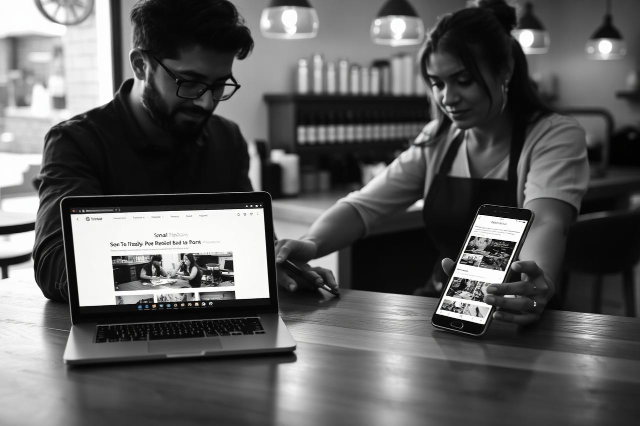 Titolare di un ristorante e una parrucchiera di Padova osservano il nuovo sito web dell'attività su laptop e smartphone